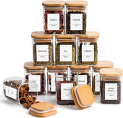Set di contenitori per erbe, quadrato, confezione da 6, 180 ml, contenitori in vetro con coperchi in legno, etichette per la descrizione, penna. 6 x 6 x 8,5 cm Contenitori in vetro per il conservaggio di erbe.