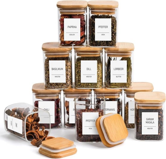 Set di contenitori per erbe, quadrato, confezione da 6, 180 ml, contenitori in vetro con coperchi in legno, etichette per la descrizione, penna. 6 x 6 x 8,5 cm Contenitori in vetro per il conservaggio di erbe.
