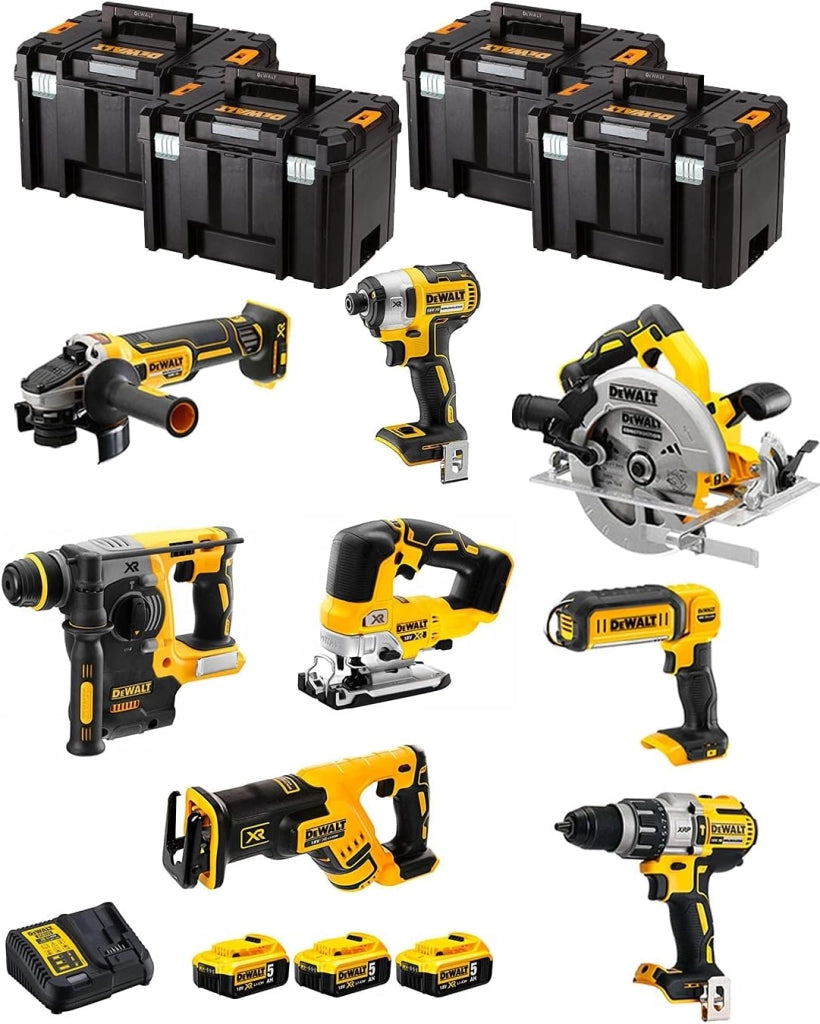 DeWALT Kit DWK805T (DCD996 + DCH273 + DCG405 + DCF887 + DCS334 + DCS367 + DCS570 + DCL050 + 3 Batterie 5,0 Ah + Caricabatterie + 4 x TSTAK VI)