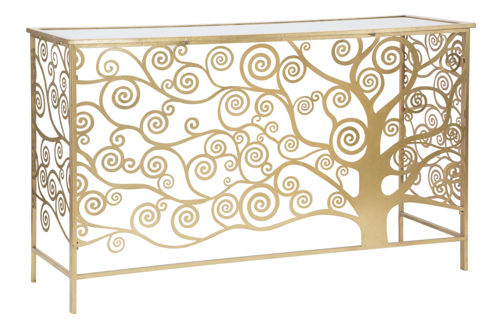Console Albero della Vita 141,5x40,5x81,5 cm in Ferro MDF e Specchio Oro