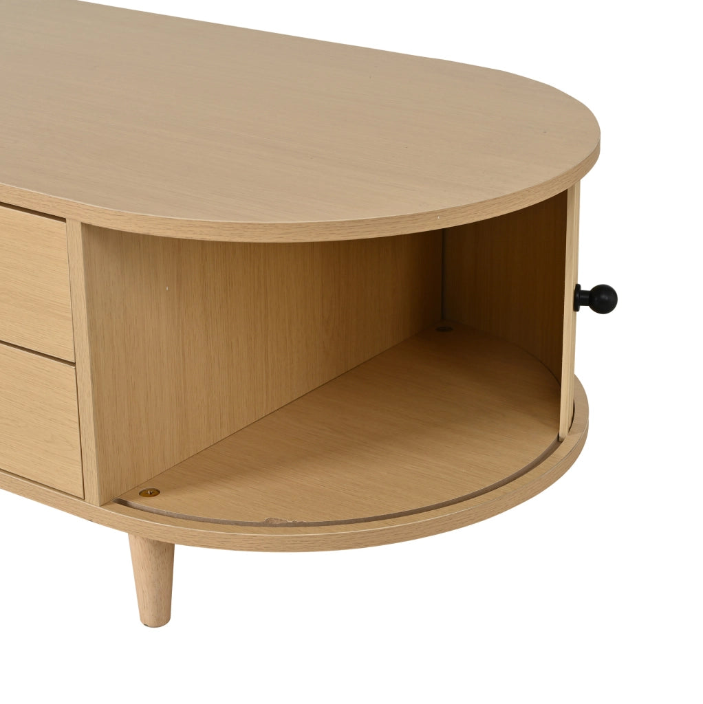 Tavolino da salotto 100x50x36 cm con ante scorrevoli e 2 cassetti in MDF naturale