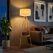 Lampada da terra ¨C zephmum ¨C struttura in legno naturale, paralume in tela beige, ripiano integrato 50x50x154 cm