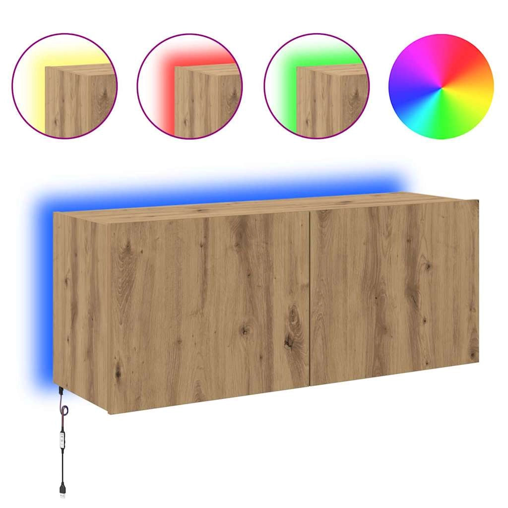 Mobile TV moderno a parete con illuminazione a LED 100 x 35 x 41 cm realizzato in legno di rovere ingegnerizzato finitura artigianale 02_0054533