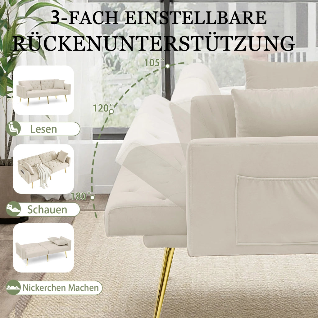 Divano a 2 posti con schienale regolabile a 3 posizioni, 2 cuscini, gambe in metallo, velluto, beige