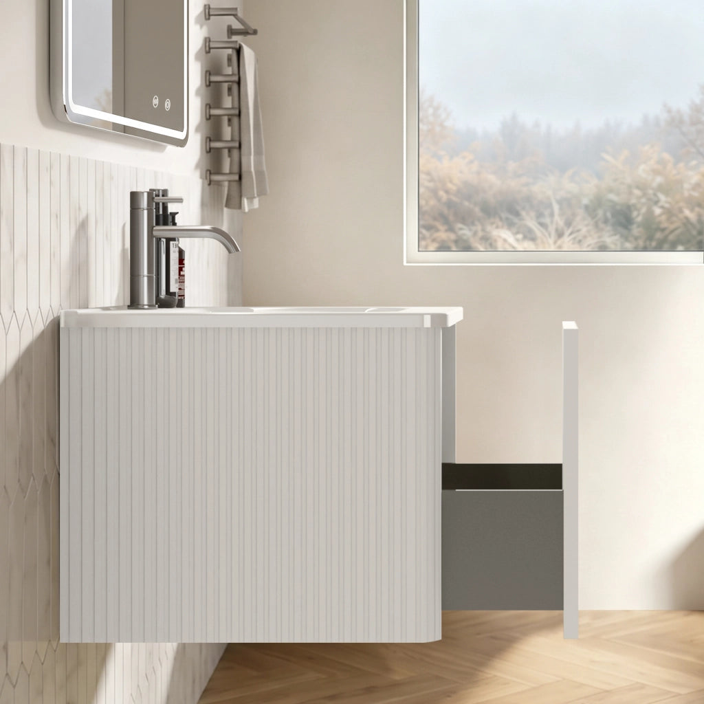 Set mobile bagno sospeso con lavabo integrato e specchio LED rotondo da 80 cm
