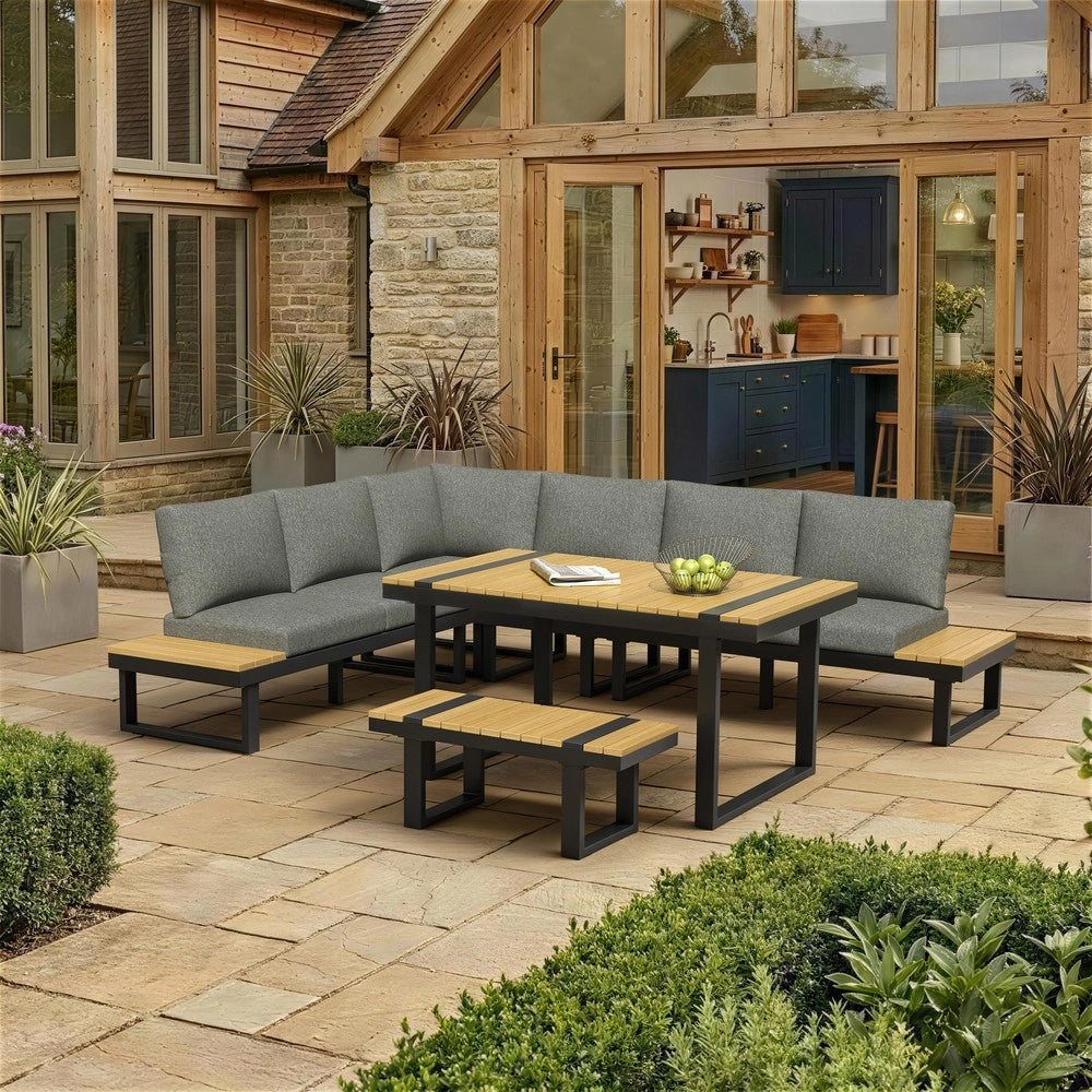 Set da giardino angolare - Zephmum- Grigio e nero, tavolo in legno composito, seduta regolabile