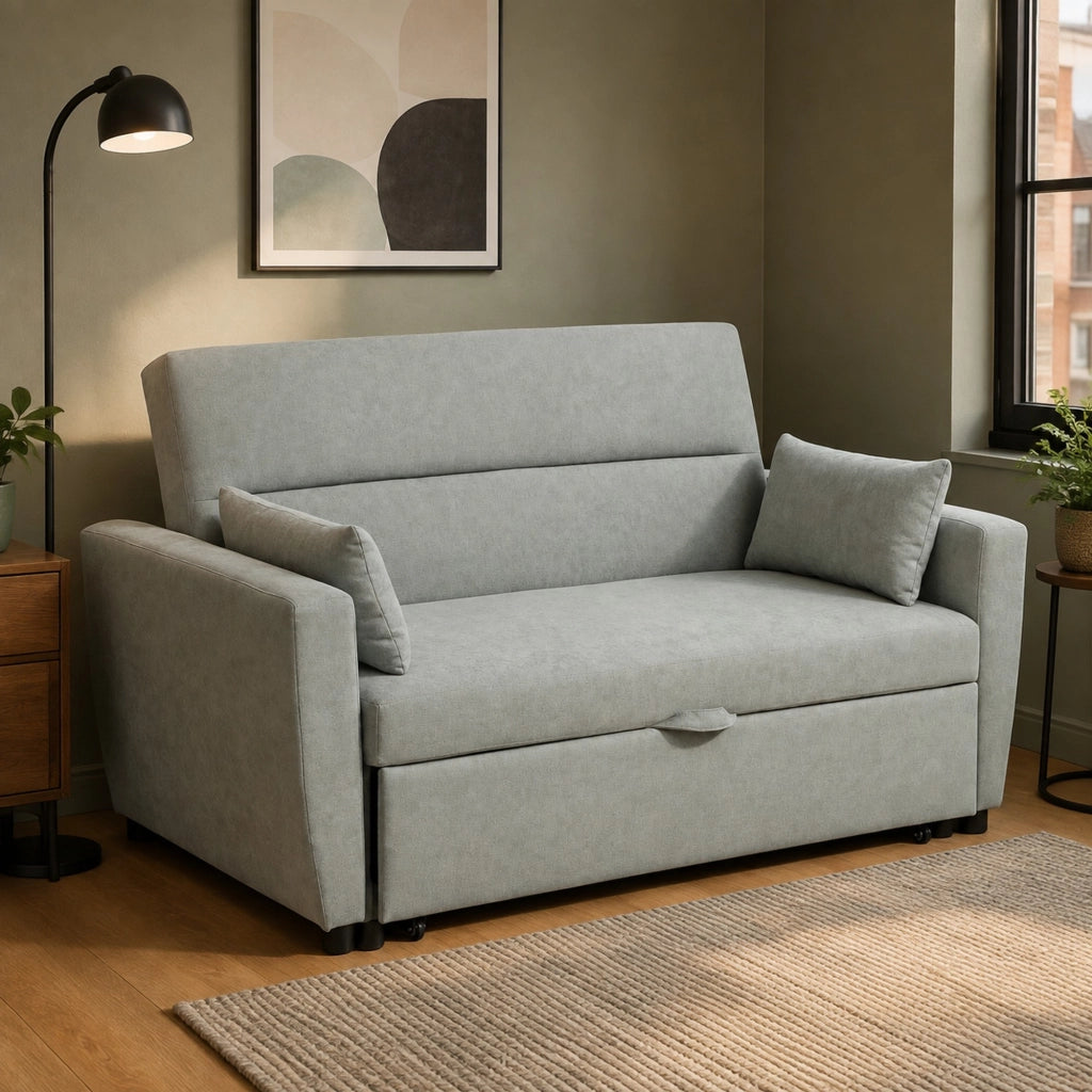 Divano letto 2 posti - con schienale regolabile e cuscini - in legno - grigio chiaro