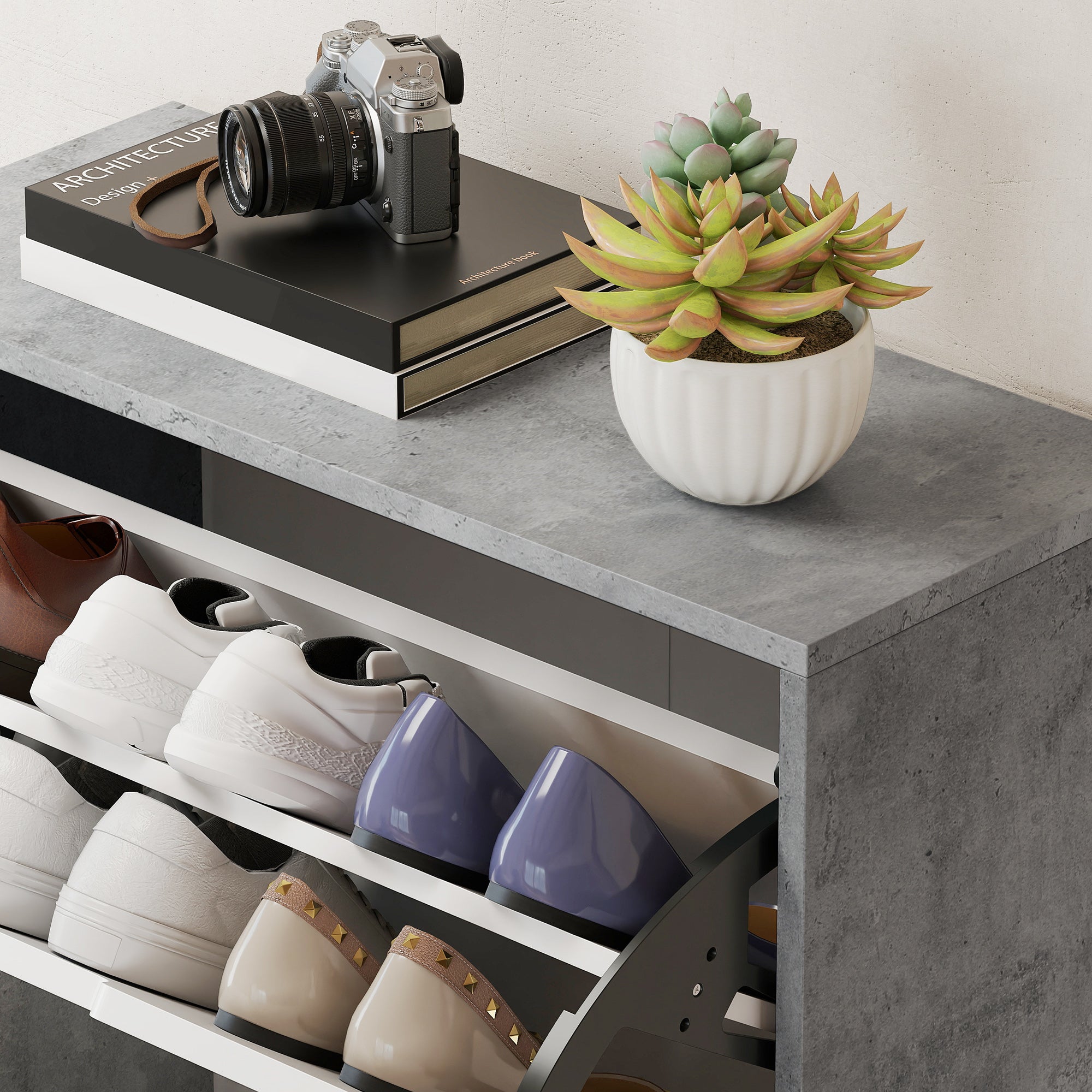 Scarpiera Salvaspazio Moderna 62,5x26x156 cm a 4 Ante per 16 Paia di Scarpe Grigio Cemento