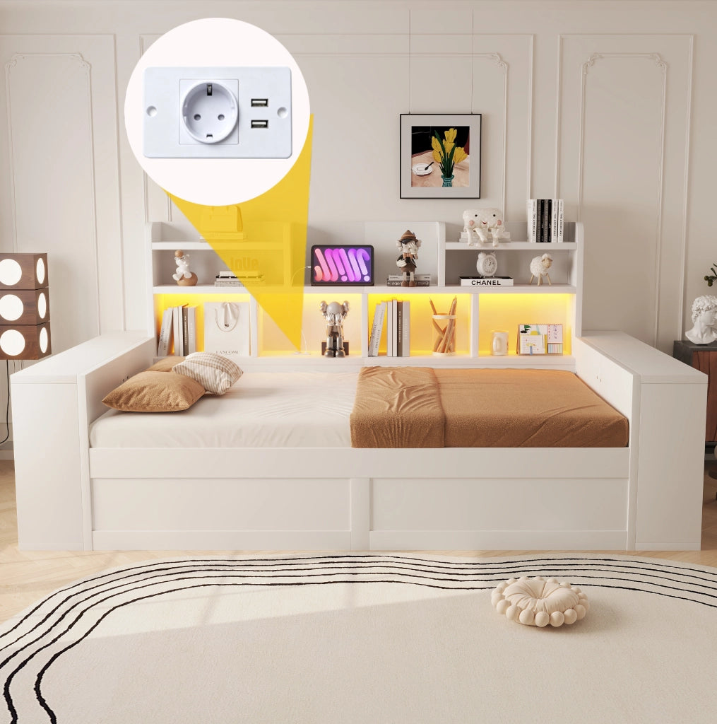 Divano letto 90x200 cm con contenitore idraulico, LED e prese bianco