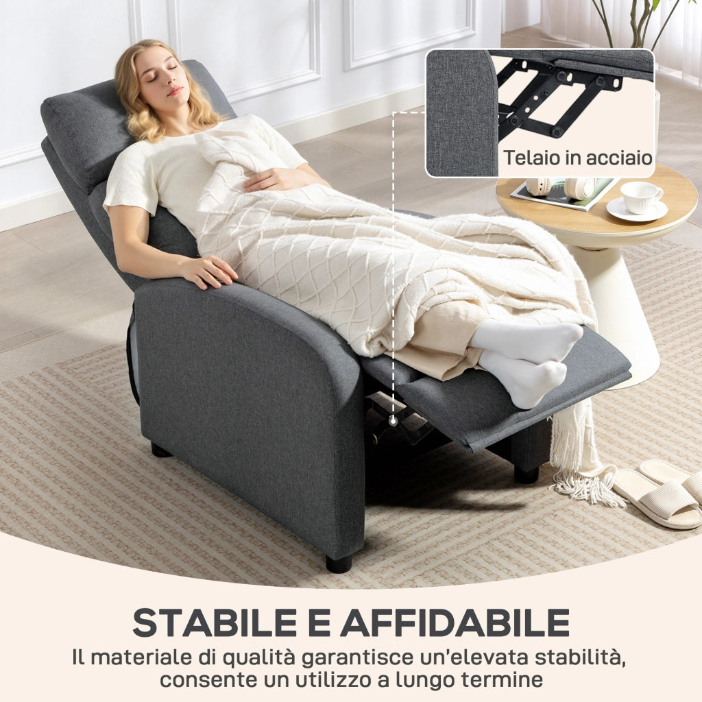 Poltrona Relax Imbottita e Reclinabile a 135¡ã e Poggiapiedi in Tessuto. 69x87x100.5 cm. Grigio