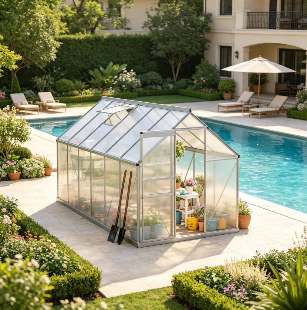 Serra da giardino Walk-in in alluminio con pannelli in policarbonato alveolare 4 mm, 190x375x199 cm, colore argento trasparente