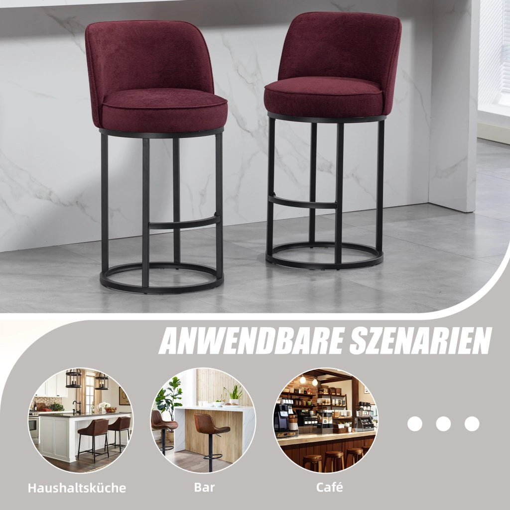 Sgabello da bar in lino con schienale ergonomico e poggiapiedi, struttura in metallo, rosso vino 46,5 × 49,5 × 88,5 cm