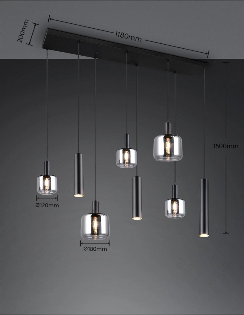 Lampada a sospensione MATARO nera 8 luci vetro Trio