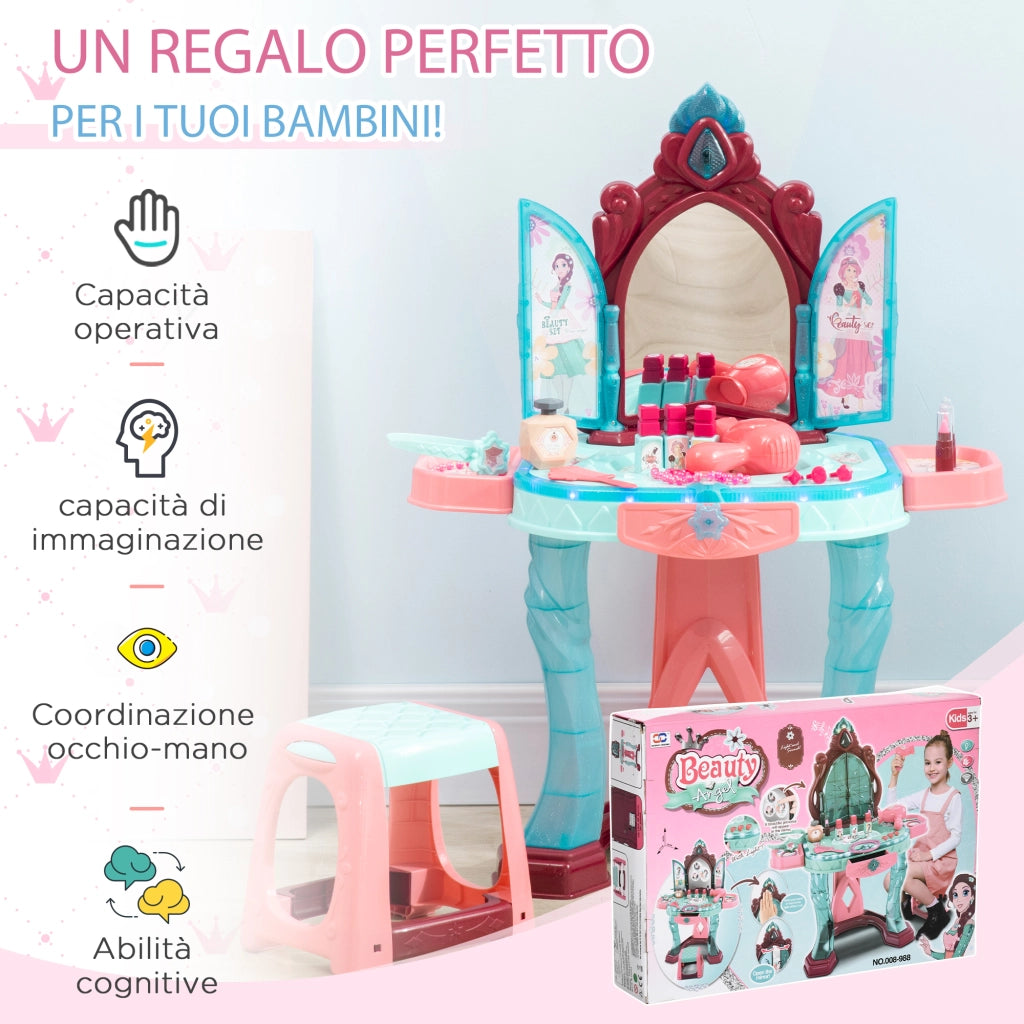EasyComfort Set Toeletta con Sgabello per Bambini da 3-6 Anni, Luci, Musica e Accessori Inclusi