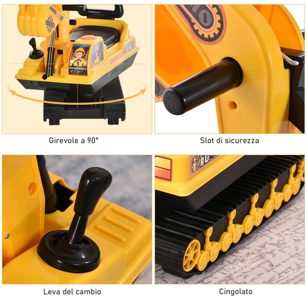 Escavatore Ruspa Giocattolo Cavalcabile per Bambini max. 30 kg con Schienale, Braccio Mobile e Vano Contenitore, 78x24x58.5cm