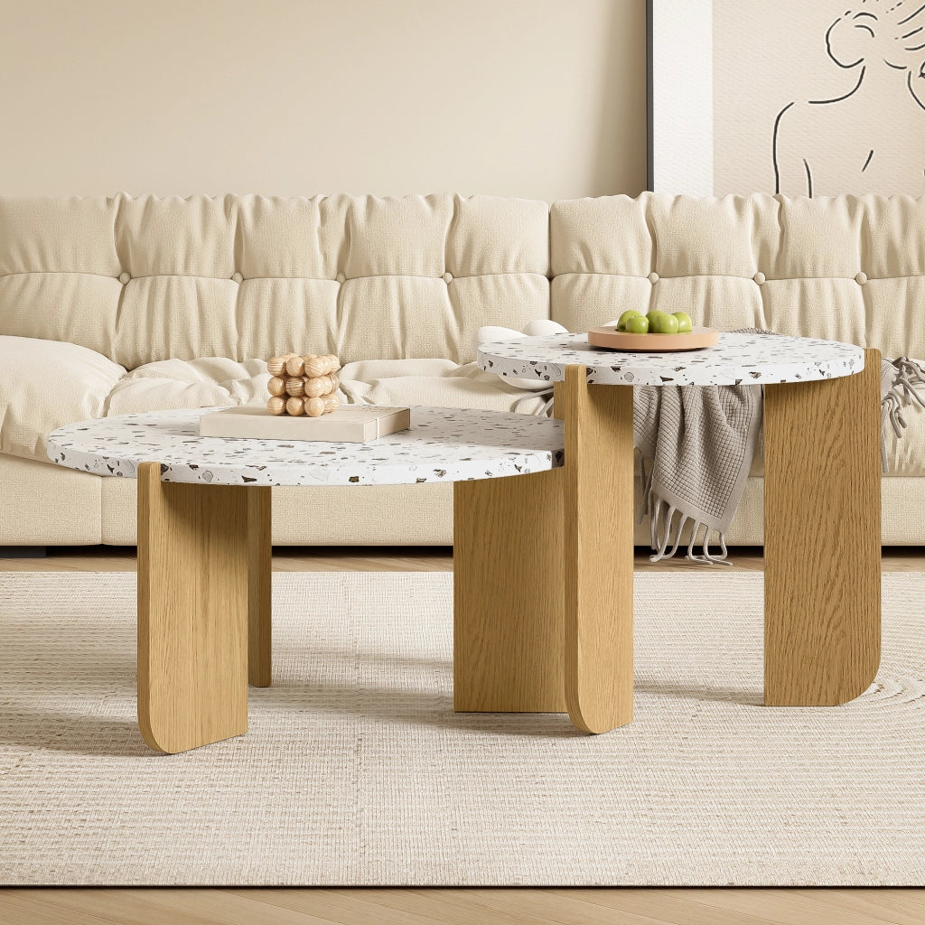 Tavolini bassi impilabili a nido in MDF, set da 2, con piano decorato e uso versatile per soggiorno e balcone