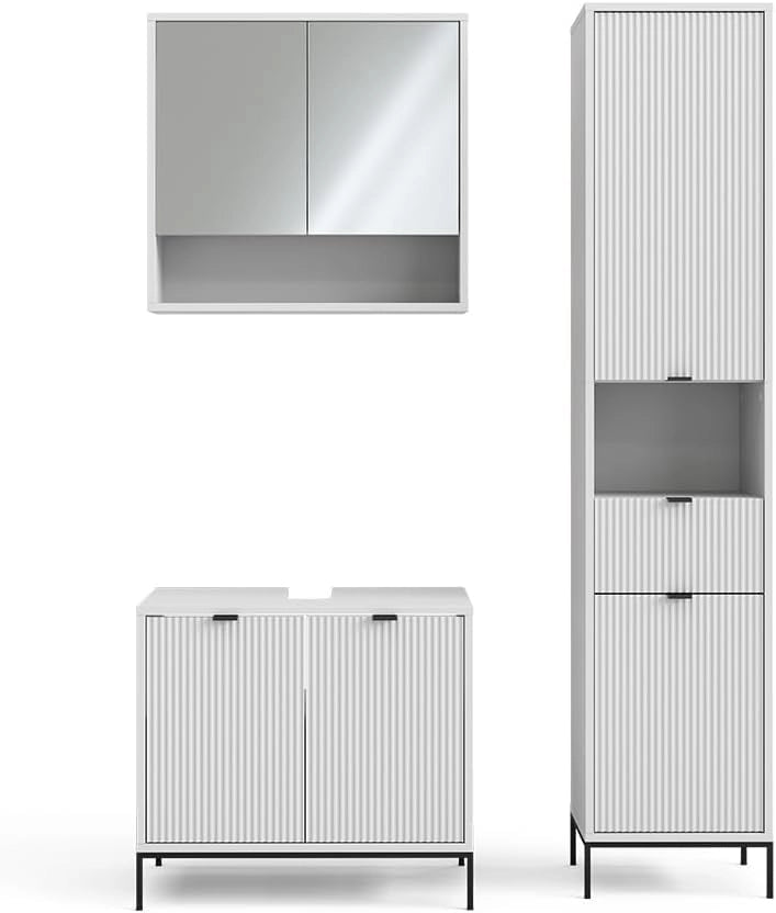 Set di mobili per il bagno Eliza, Bianco, 70 cm, composto da mobile sottolavabo, specchiera e colonna alta