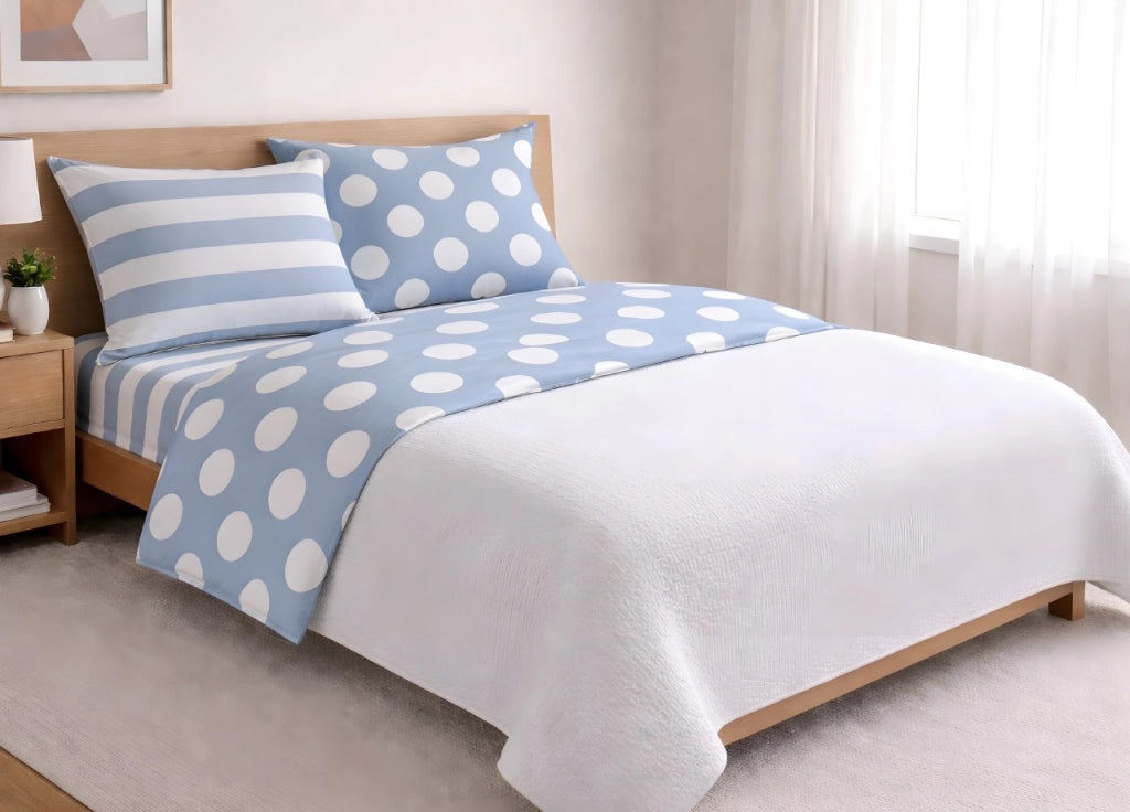 Completo Lenzuola Letto In 100% Cotone Made Italy Disegno Pois - Singolo - Azzurro