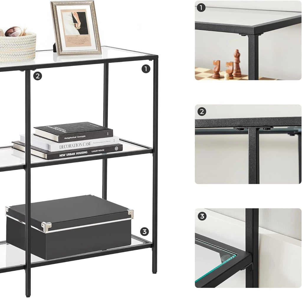 VASAGLE Consolle Ingresso, Tavolo Consolle, Scaffale a 3 Ripiani in Vetro Temperato, 30 x 100 x 73 cm, Struttura Metallo, Corridoio Soggiorno Camera da Letto, Nero LGT027B01
