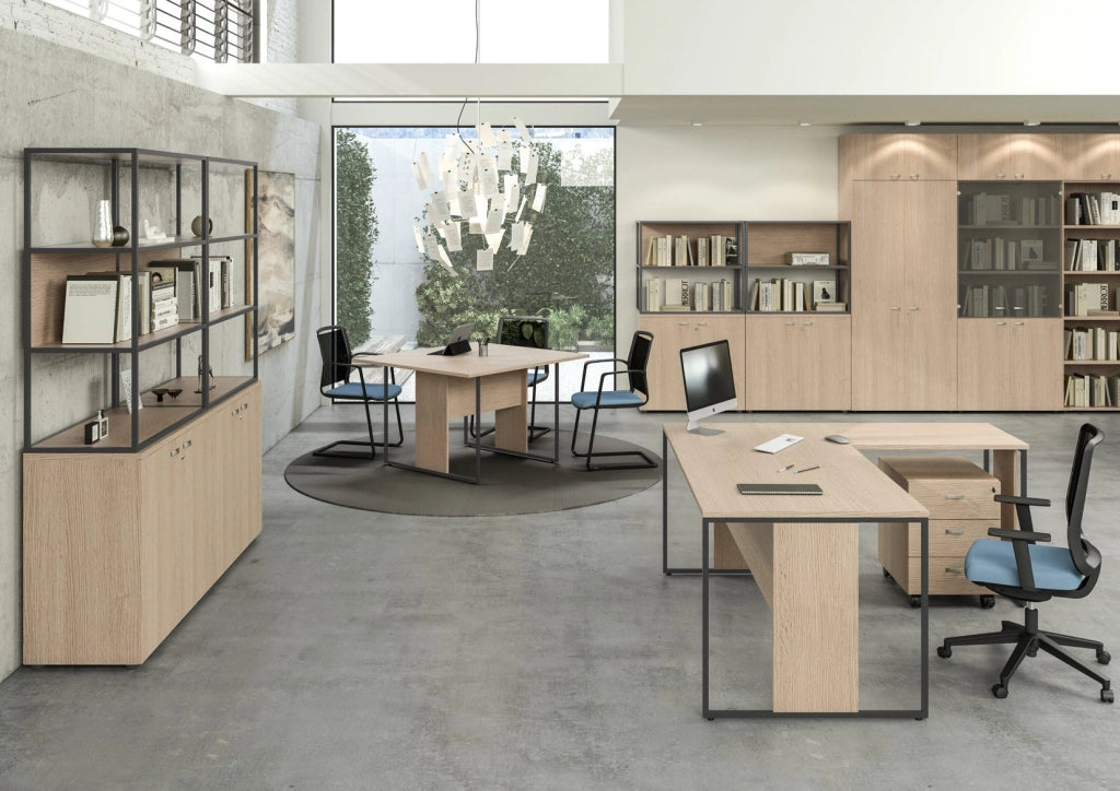 Libreria a 2 vani con struttura metallica sovrapposta ad armadio basso completo di ante battenti cm. 90x46x165h