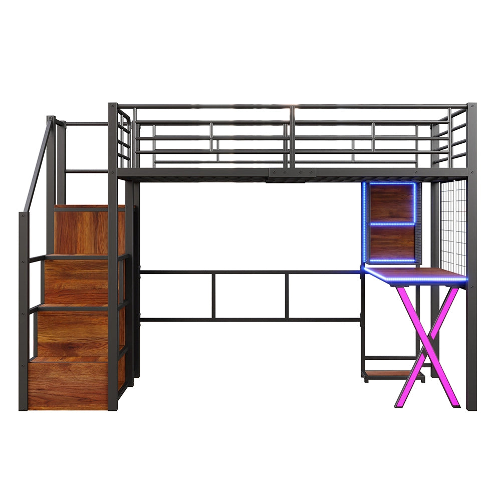 Letto mezzanino 90x200cm - Xylo - nero, armadio, scaffali, luce controllabile