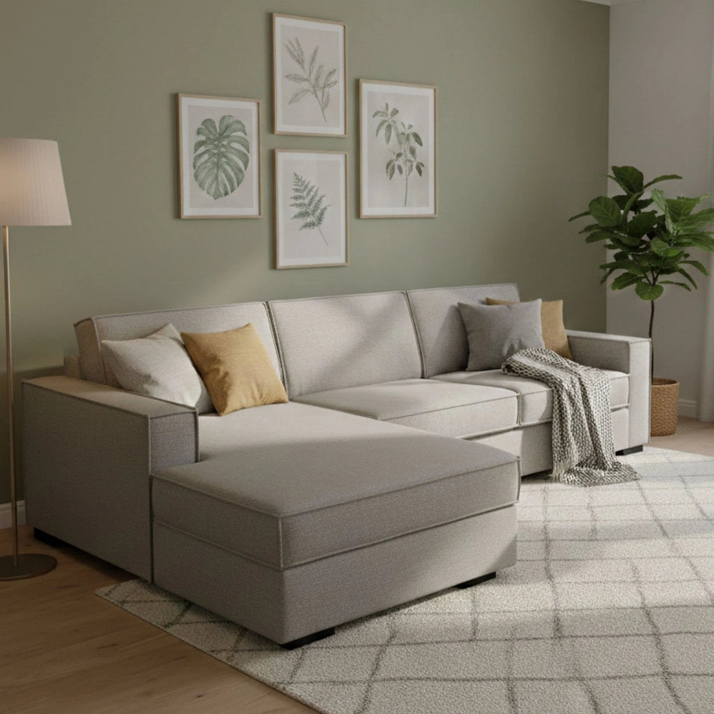 Divano Letto Allaida, Divano ad angolo, Made in Italy, SofÒ  con apertura girevole, Penisola contenitore Sinistra, con Braccioli standard, cm 280x95h90, Tortora