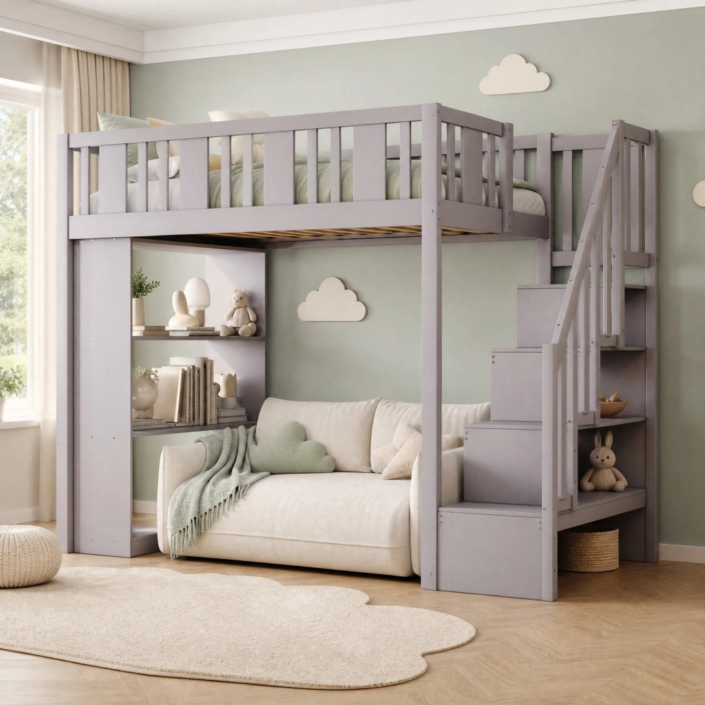 Letto a soppalco 90x200 cm con scala contenitore grigio
