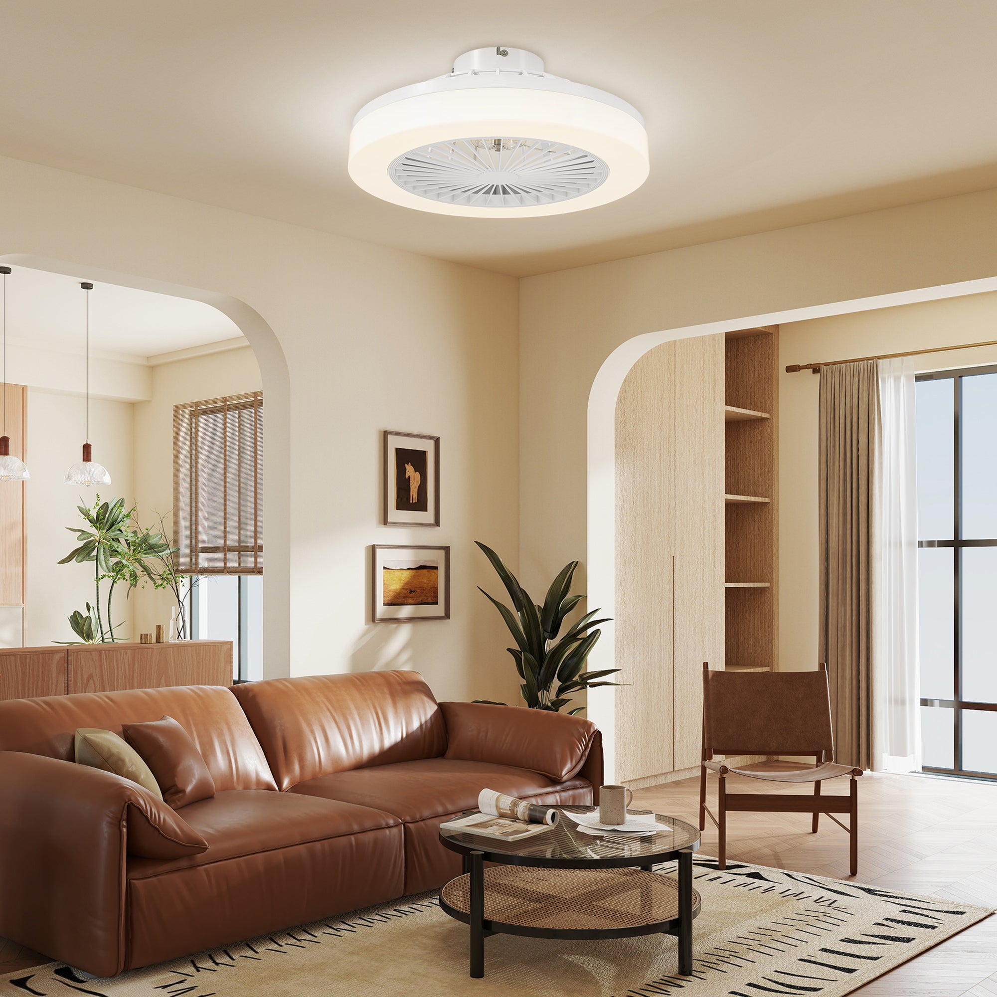Ventilatore a Soffitto Ø46x16 cm con Luce LED Regolabile e 6 Velocità in Plastica e Acrilico Bianco