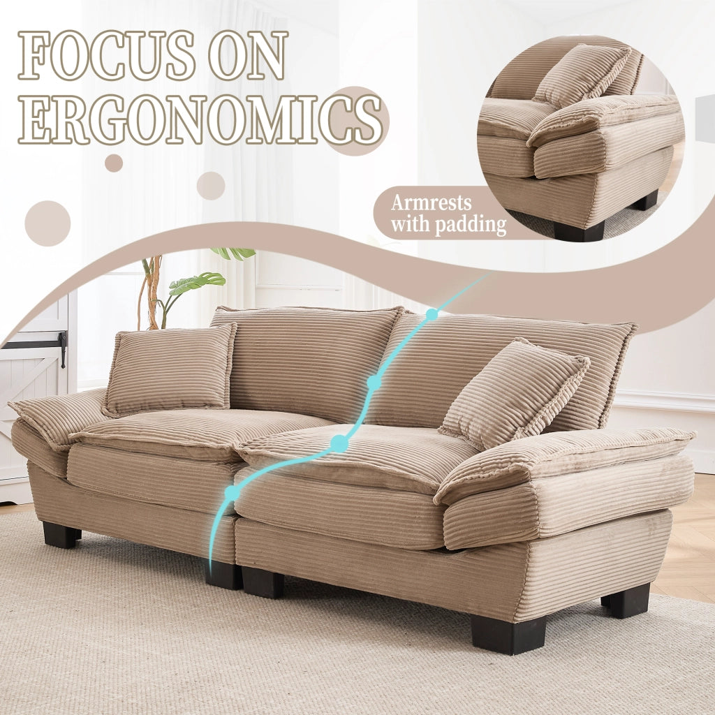 OKWISH Divano Lineare 2 Posti, Seduta Extra Profonda con Braccioli Imbottiti e 2 Cuscini, Velluto, Cachi, 224 × 81 × 81 cm
