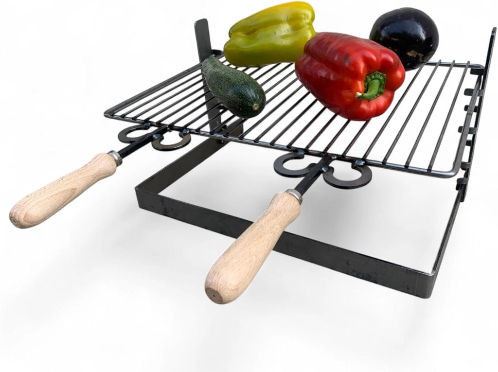 Griglia in ferro regolabile su più altezze, bistecchiera con manici in legno, per barbecue e camino per carne pesce verdure 40x36 cm