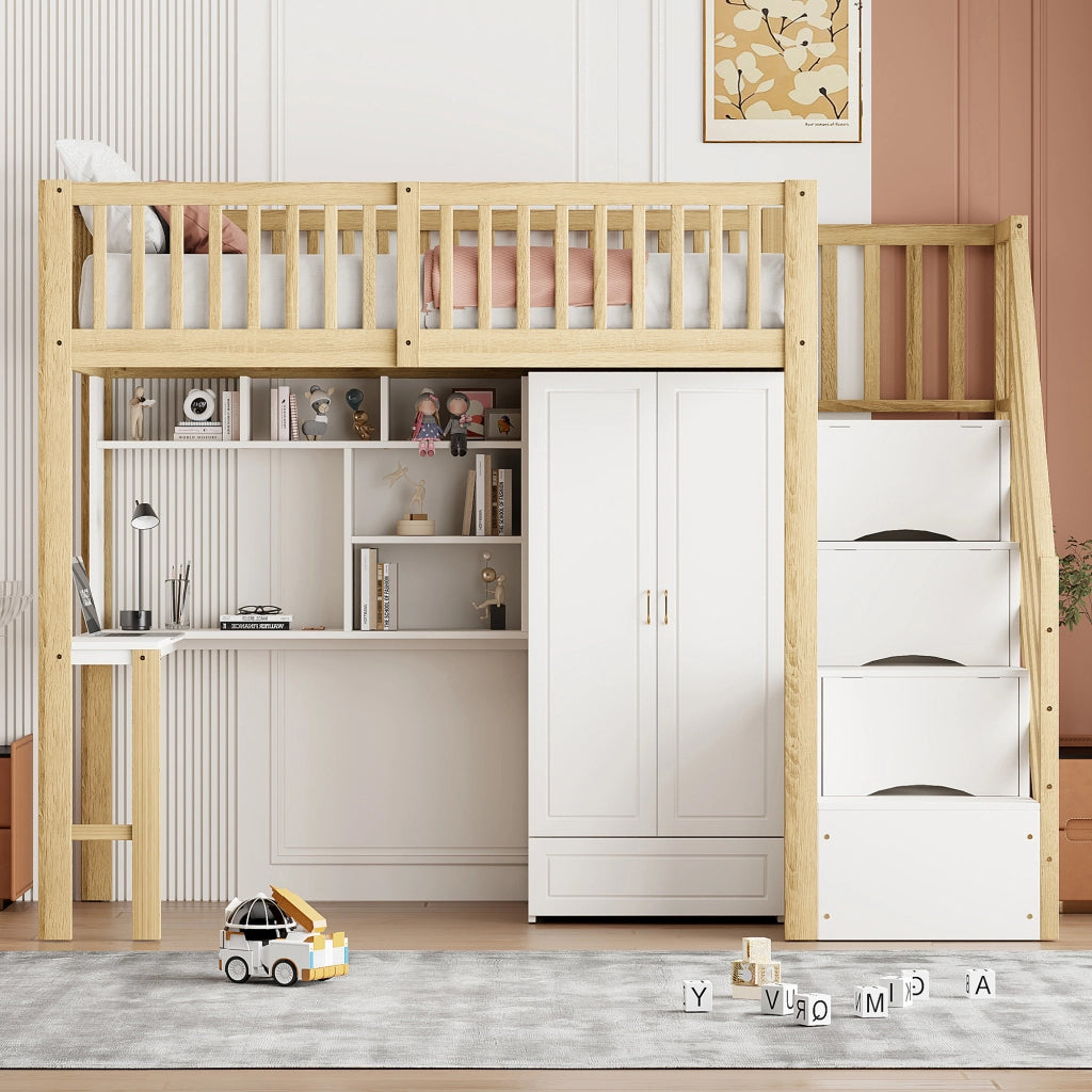OKWISH Letto a Soppalco 90×200 cm, Letto Singolo con Scala con Cassetti, Armadio, Scrivania e Mensole, senza Materasso, Legno