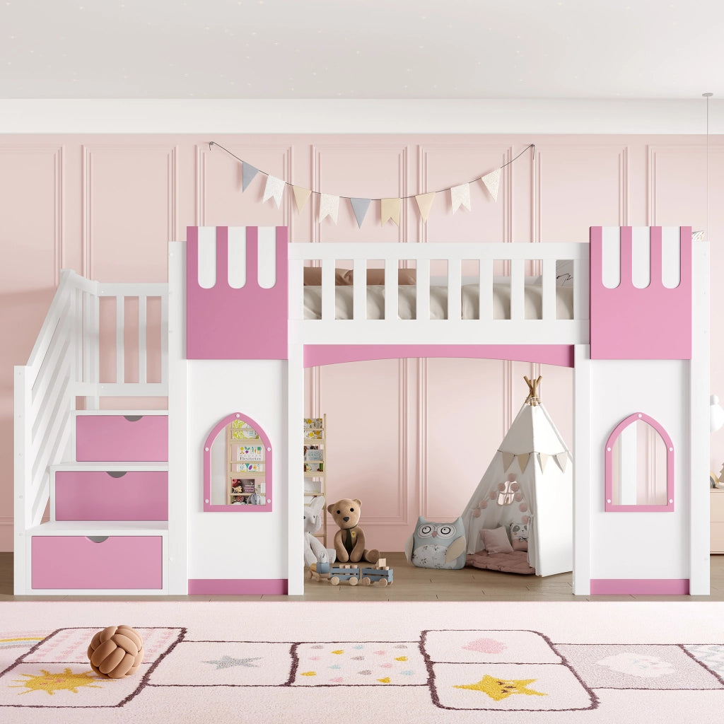 LETTO A SOPPALCO con scala contenitore e finestre 90x200 cm bianco e rosa