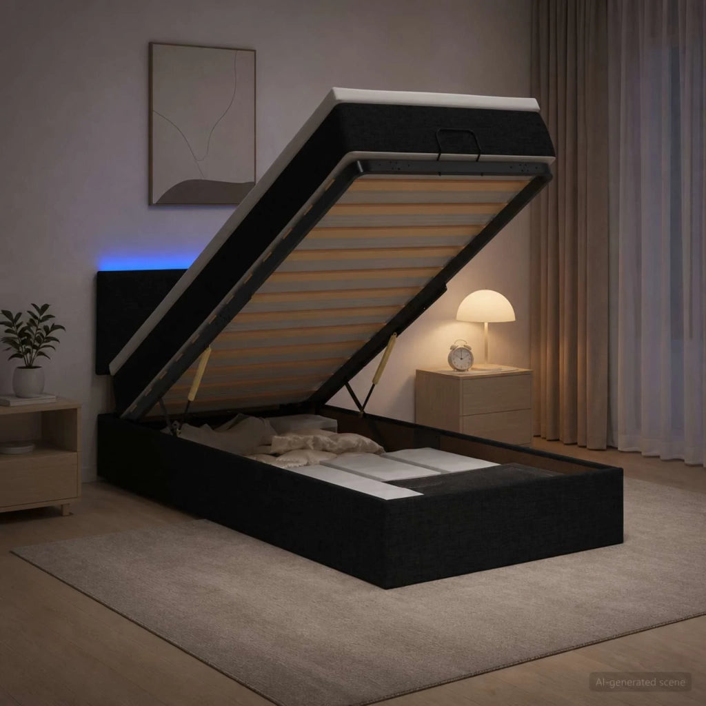 Letto Ottomano con Materasso e LED Nero 80 x 200 cm Tessuto 3456948