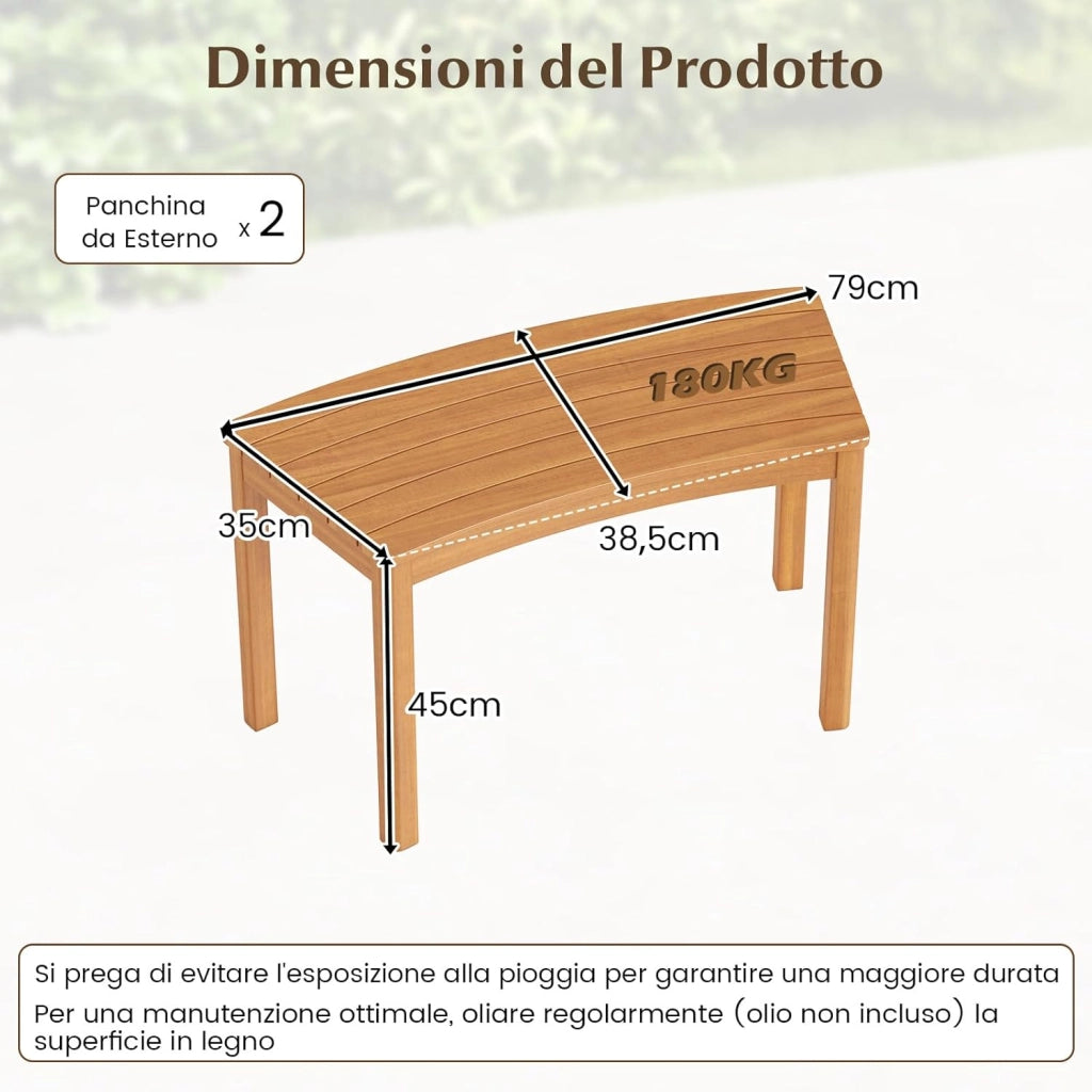 Set da 2 Panchine Curve in Legno di Acacia, Panchina Senza Schienale con Portata 360, Panca da Esterno per Veranda, Terrazza, Giardino e Fuoco da Campo (4)