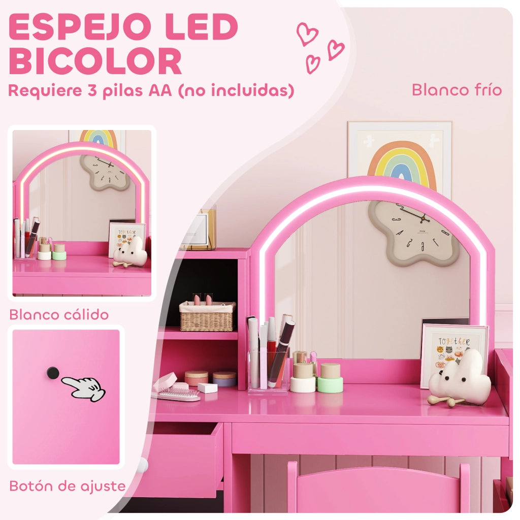 Cassettiera per Bambini con Specchio LED ¨C zephmum ¨C Rosa, Legno, 5 Ripiani