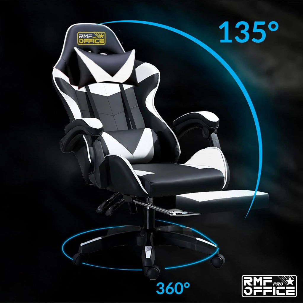 RMF Sedia Gaming Professionale Ergonomica Reclinabile, Poltrona Gaming Seduta Comoda e Rilassante con Poggiapiedi - Sedia per Gamer con Ruote Girevoli, Altezza Regolabile (Bianca-Nero)