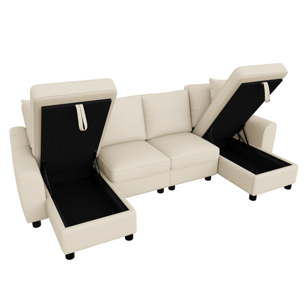 Divano modulare U a 2 posti con chaise longue, rivestimento in chenille, beige, 280 ¡Á 137 ¡Á 84 cm