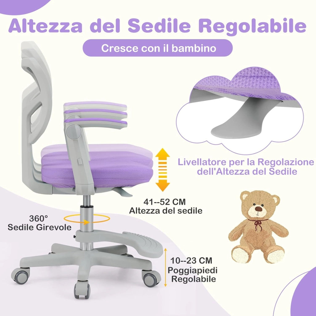 Sedia da Scrivania Bambini Girevole, Altezza Regolabile, Sedia da Studio per Ragazzi con Braccioli a Ribalta e Poggiapiedi, Poltrocina in Rete per Bambini 3-15 Anni, Portata 150 kg (Viola)
