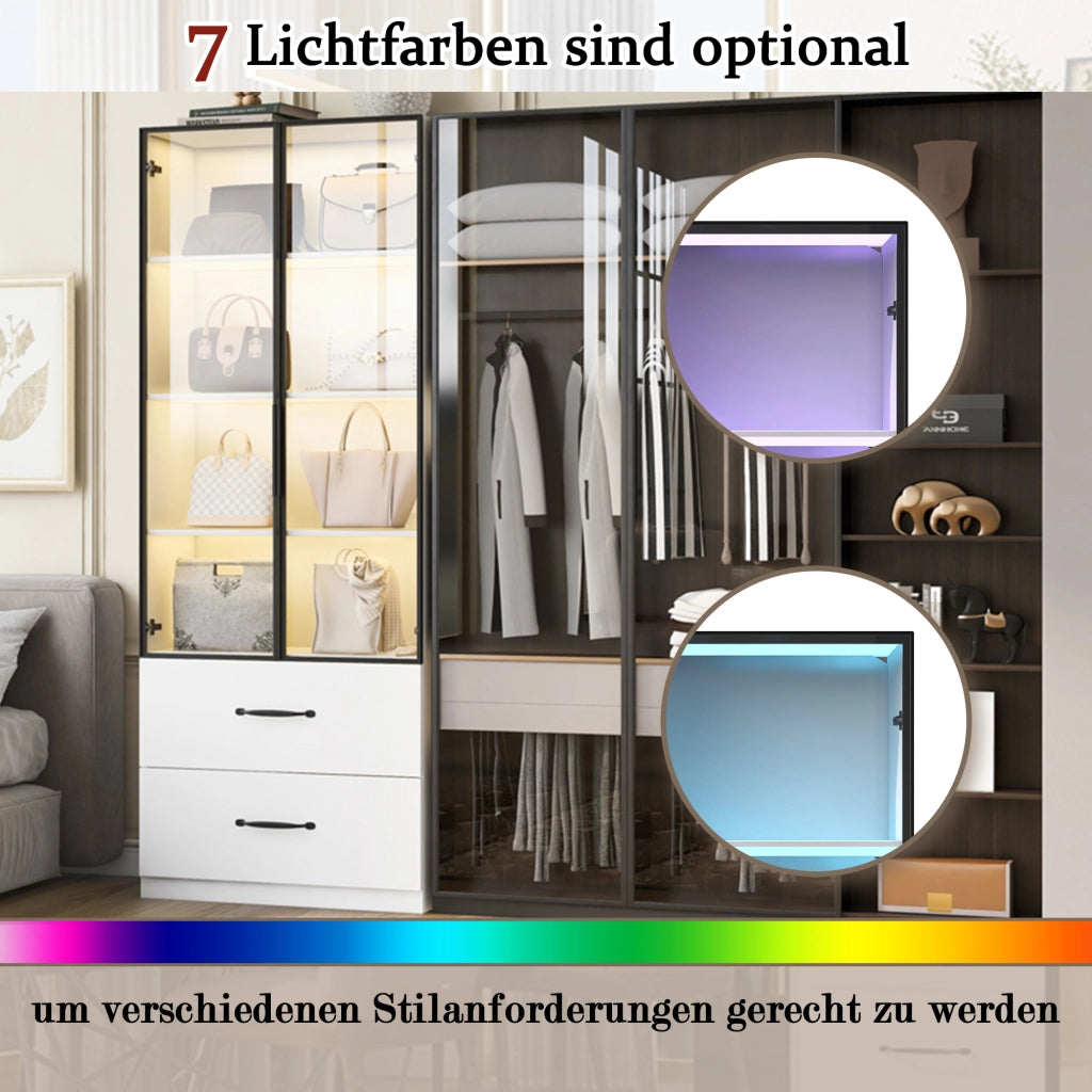 Vetrina con 2 Ante in Vetro Temperato e 2 Cassetti; LED Multicolore; Telaio in Alluminio; in Pannelli di Particelle; Bianco; 60??40??160 cm