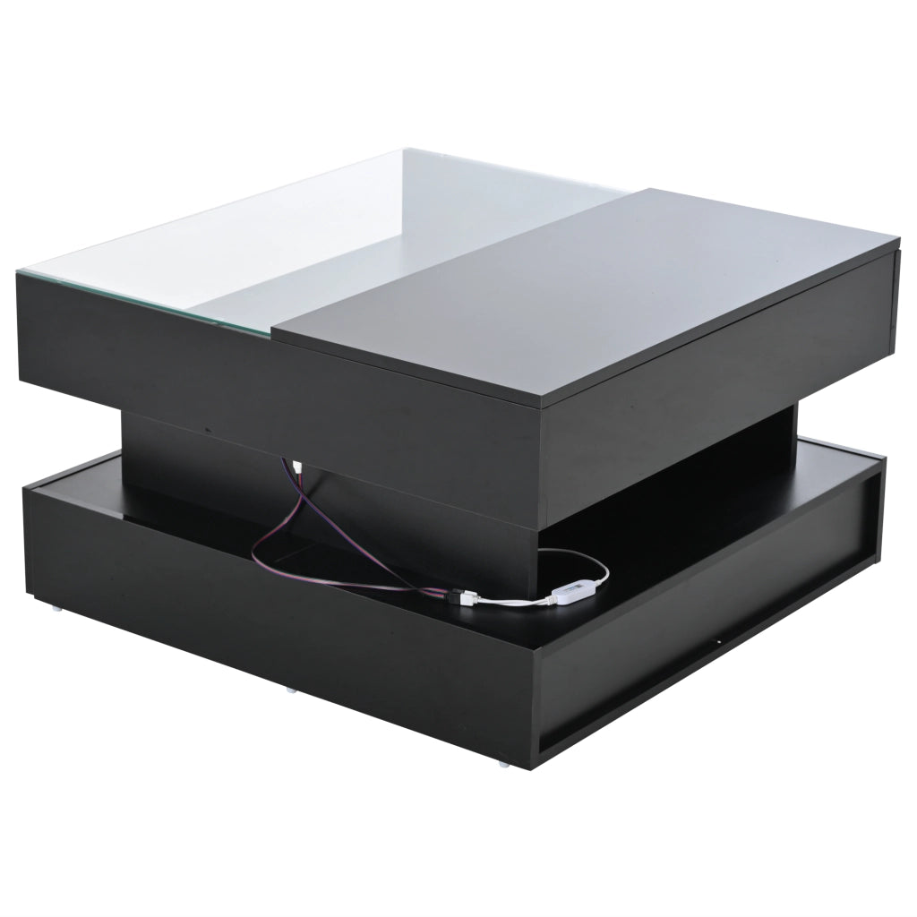 Tavolino da caffè 80x80x45 cm; alzabile con vano nascosto e LED; pannello truciolare e vetro temperato nero
