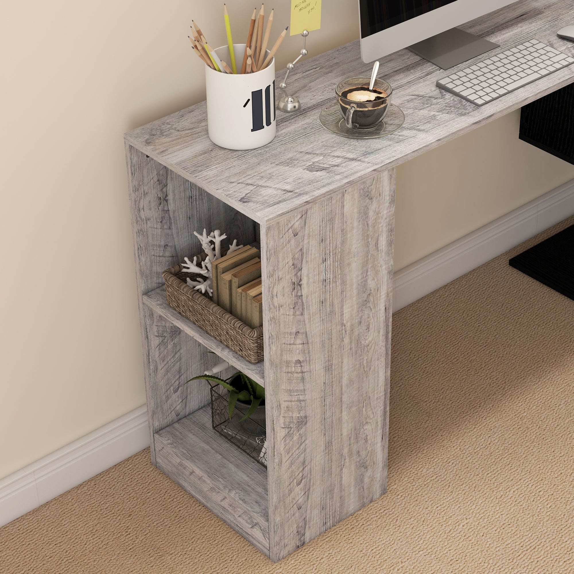 Scrivania Angolare da Ufficio 140x120x78 cm con Cassetti e Scaffale Girevole Grigio effetto Legno