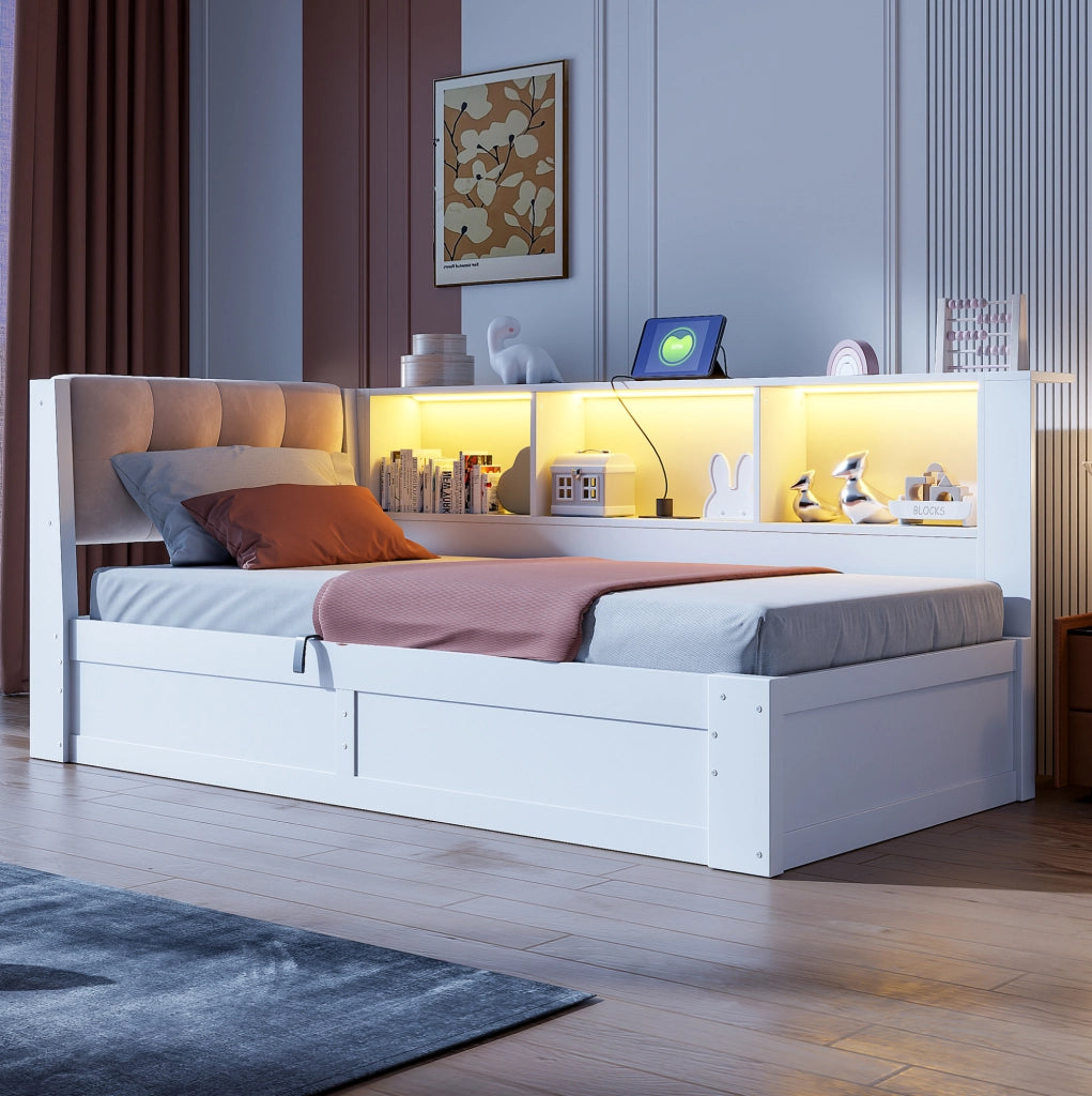 Letto singolo 90x200 cm con contenitore laterale; USB; LED e ripiano; bianco