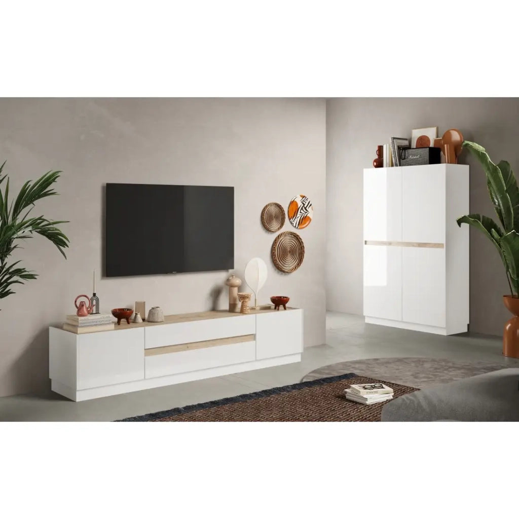 Mobile TV 205cm collezione FANZY. Color bianco lucido e rovere chiaro, ideale per un soggiorno moderno.