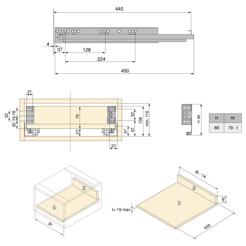 Cassetto esterno Simplex 25 kg, altezza 88 mm, profondità 440 mm, Acciaio, Grigio antracite