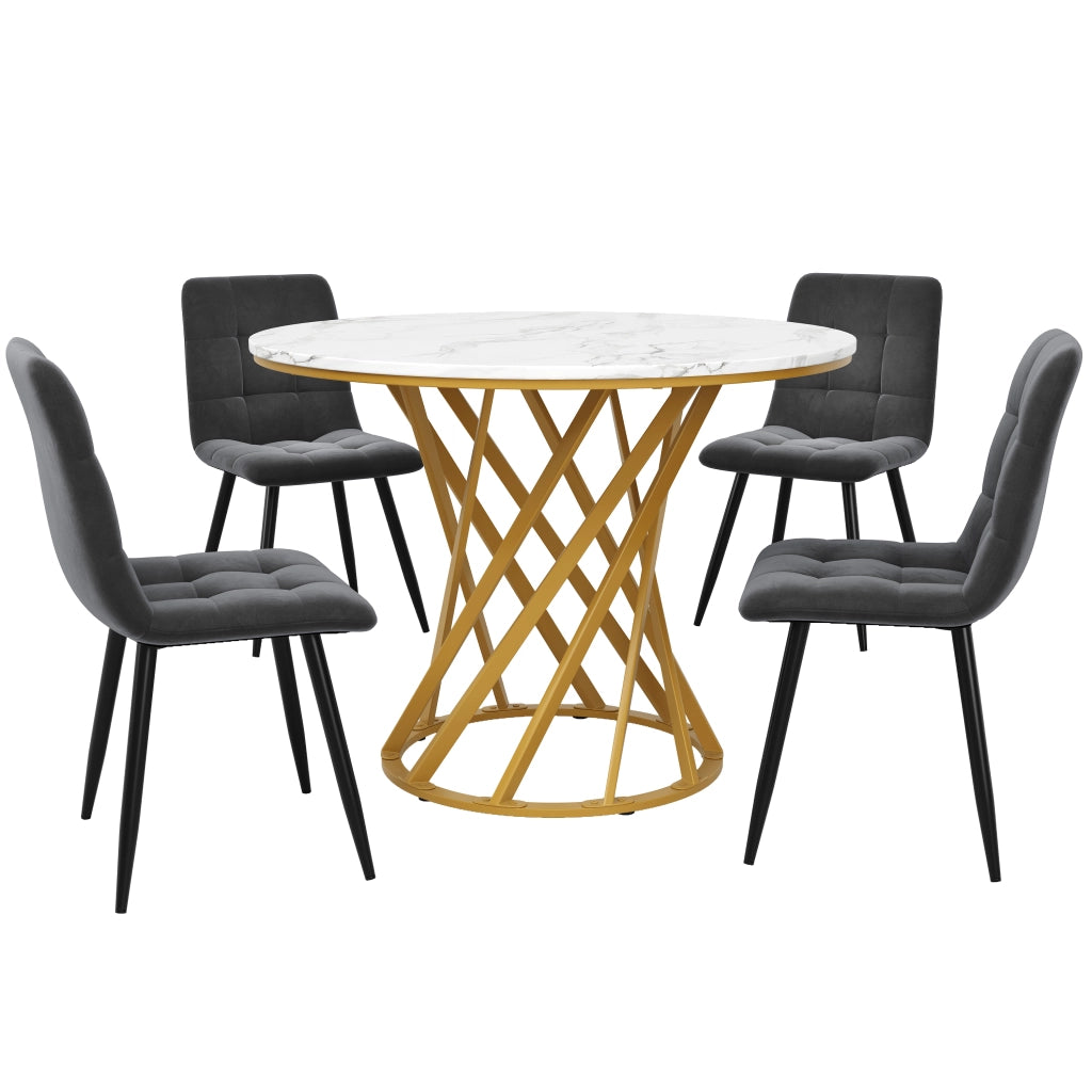 Tavolo da Pranzo Rotondo con 4 Sedie ¨C MINIMAL ¨C Piano MDF Bianco, Gambe Metallo Oro, Velluto Grigio Scuro, ?80 cm
