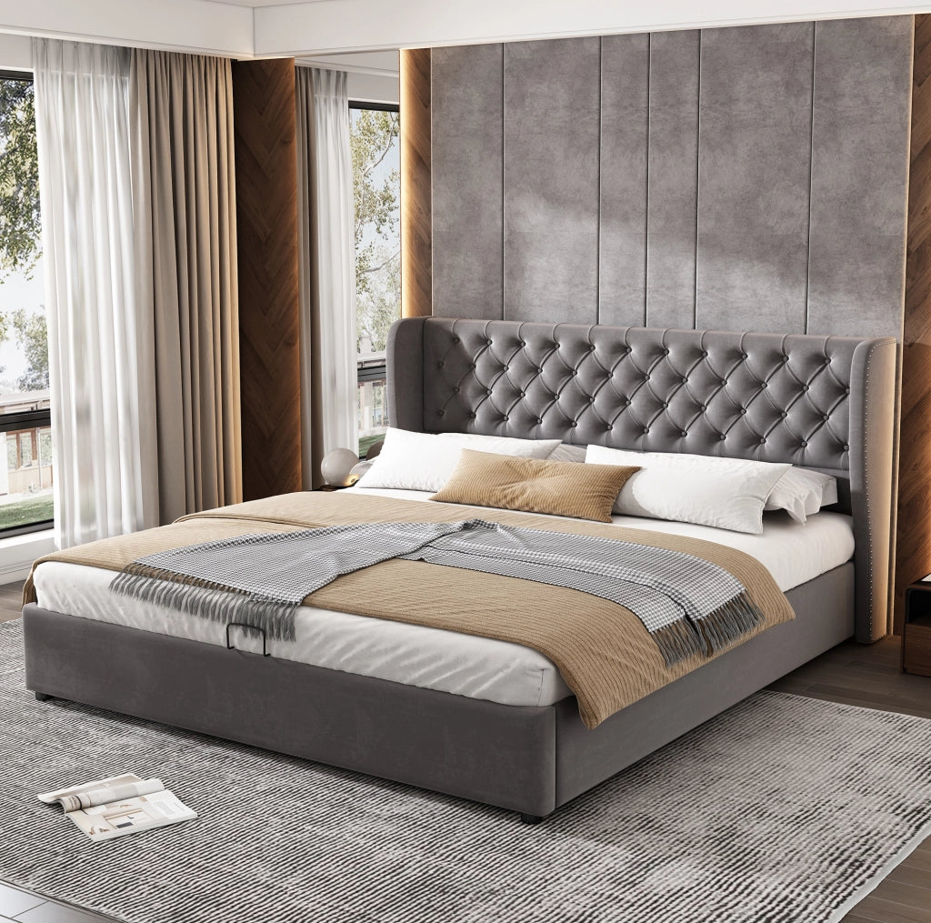 Letto matrimoniale 180x200 in velluto grigio con contenitore