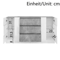 Credenza con illuminazione LED, cassetti, frontali lucidi ed effetto marmo, 140x35x75 cm, Bianco e Grigio