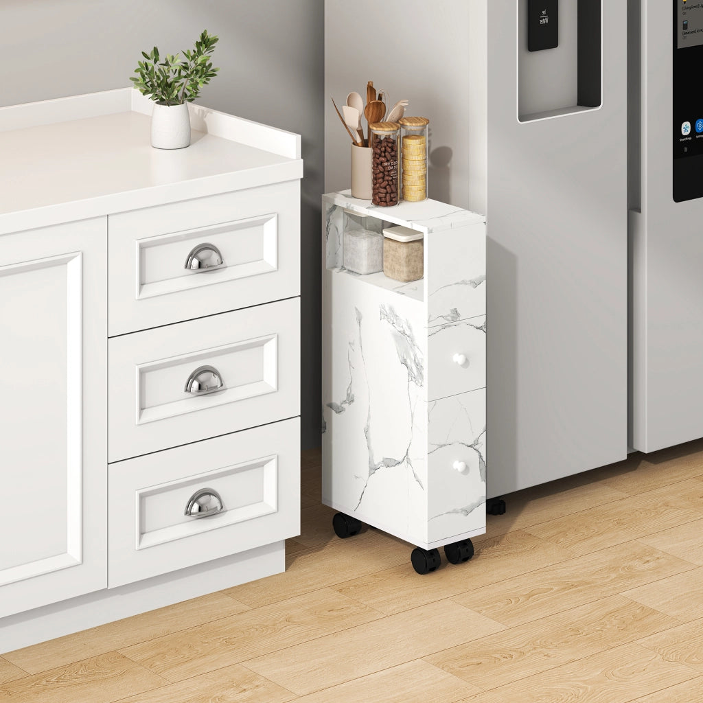 Mobile da Bagno Broreynna a Rotelle con 2 Cassetti 66 x 15 x 33 cm - Effetto Marmo Bianco [en.casa]