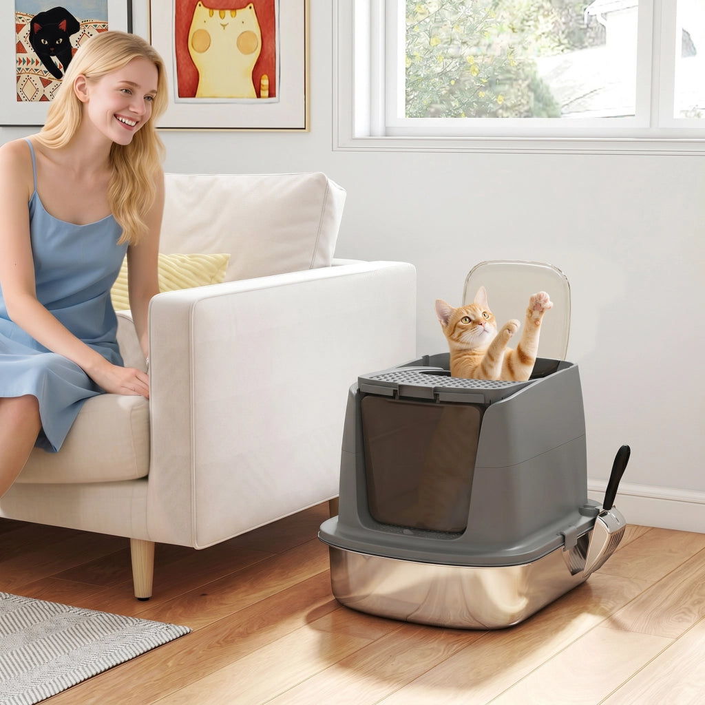 Lettiera per Gatti Chiusa in Acciaio Inox ¨C Xylo ¨C con Paletta Metallica e Sacchetti Deodoranti, Grigio Scuro