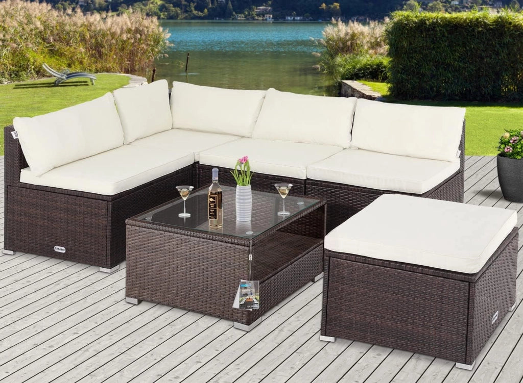 Set Salotto in Polyrattan XL Cuscini Imbottiti Tavolo in Vetro Resistente Mobili Giardino Salottino Angolo Ripiano Extra